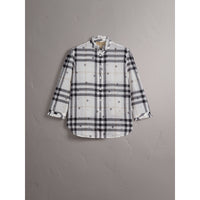 WHITE Chemise en coton à motif check et imprimé floral avec volants