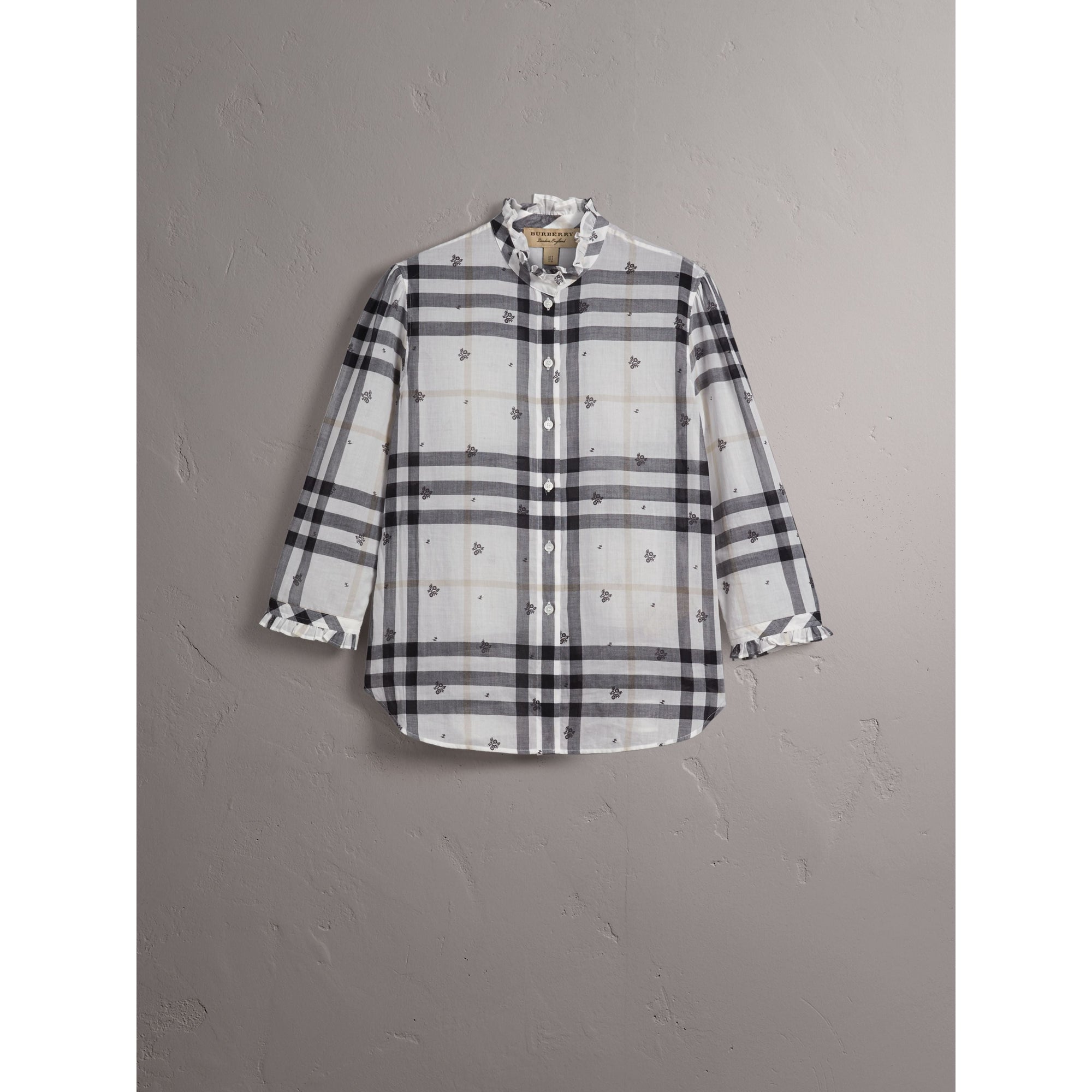 WHITE Chemise en coton à motif check et imprimé floral avec volants