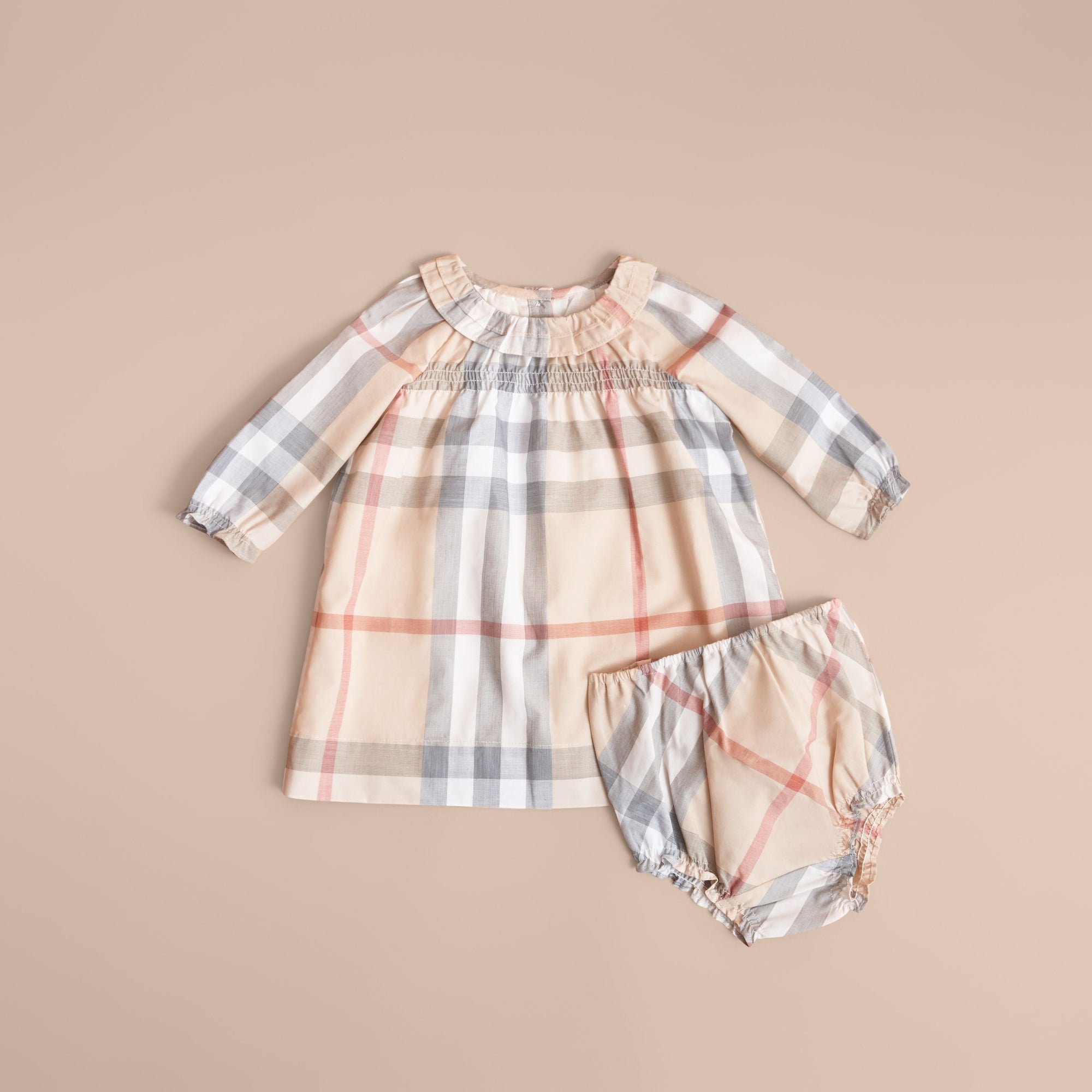 PALE STONE Robe et bloomer en coton à motif check avec volants