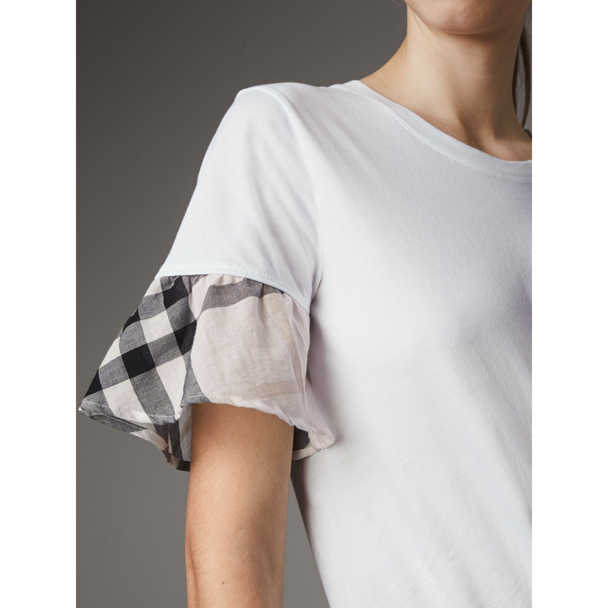 WHITE T-shirt à manches évasées en coton avec motif check