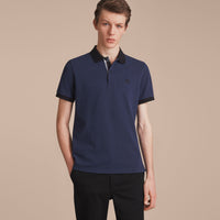 NAVY MELANGE Polo bicolore en piqué de coton avec patte à motif check