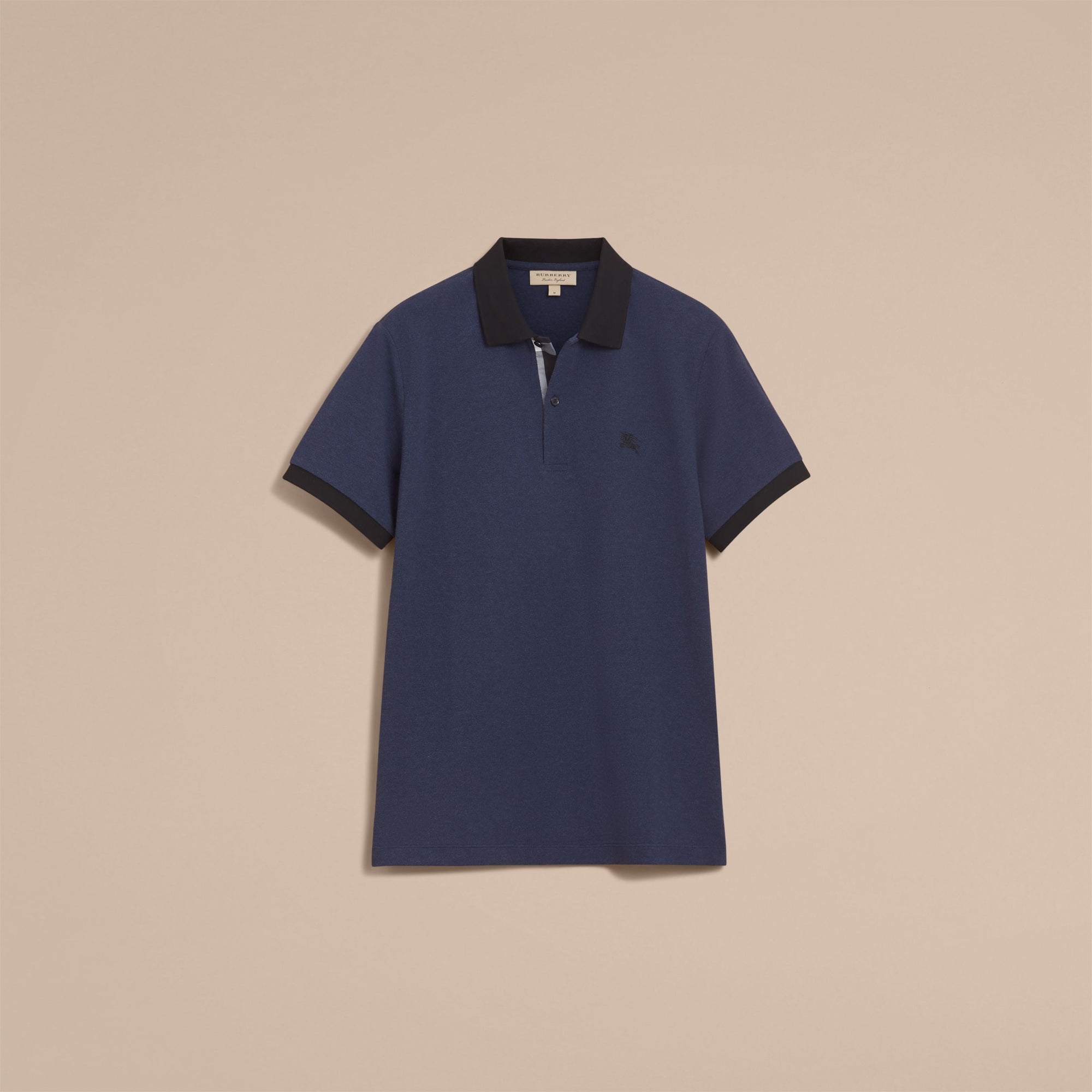 NAVY MELANGE Polo bicolore en piqué de coton avec patte à motif check