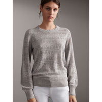 LIGHT GREY MELANGE Pull en maille de laine et cachemire en pointelle avec bordure en dentelle