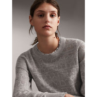 LIGHT GREY MELANGE Pull en maille de laine et cachemire en pointelle avec bordure en dentelle