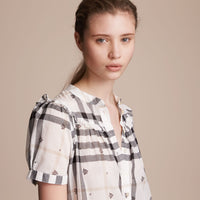 WHITE Robe en coton à motif check et imprimé floral avec volants
