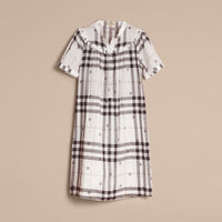 WHITE Robe en coton à motif check et imprimé floral avec volants