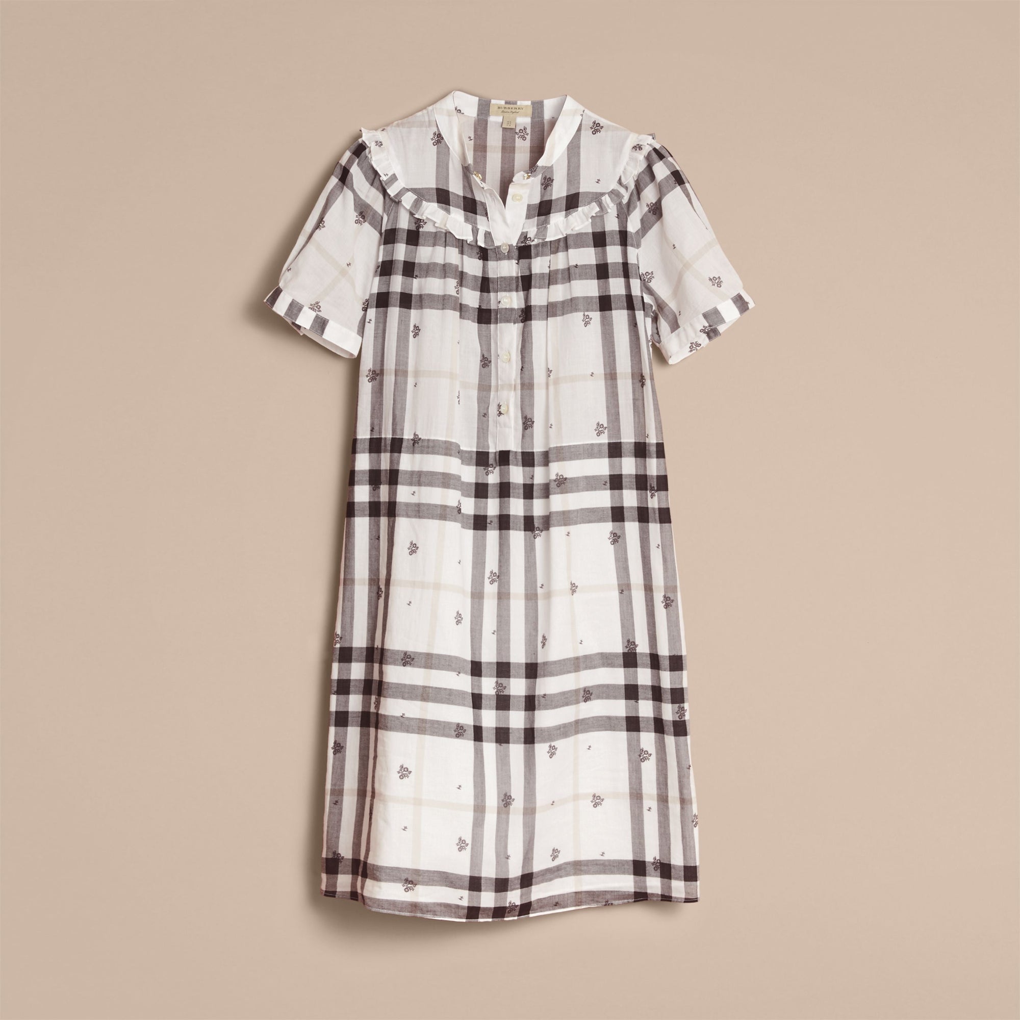 WHITE Robe en coton à motif check et imprimé floral avec volants
