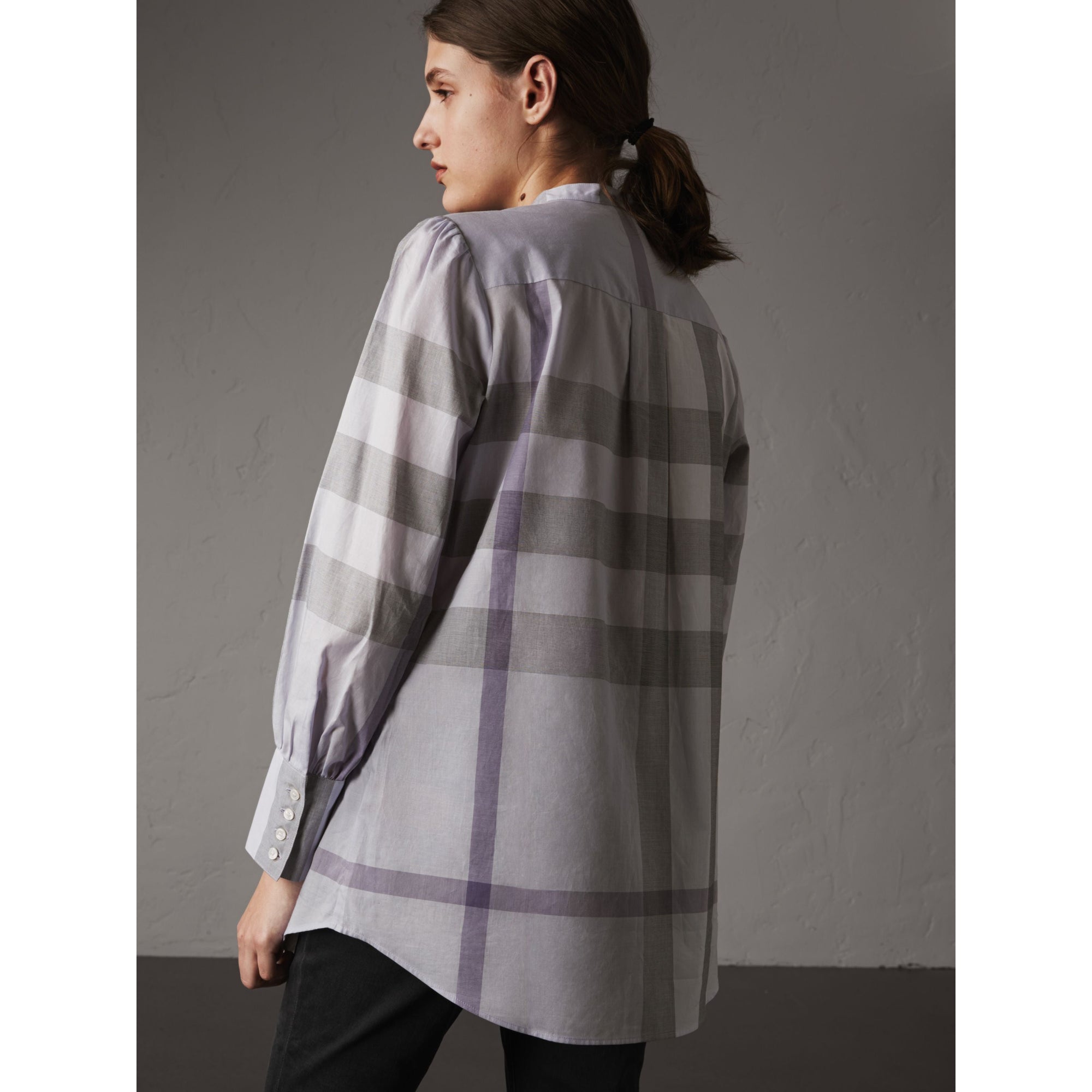 Chemise tunique en coton à col officier avec motif check - Glycine Pâle