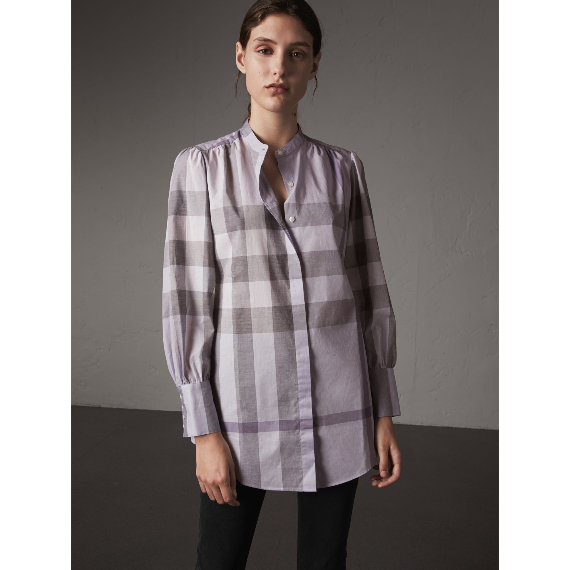 Chemise tunique en coton à col officier avec motif check - Glycine Pâle