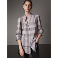 Chemise tunique en coton à col officier avec motif check - Glycine Pâle