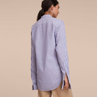 PALE BLUE/WHITE Chemise unisexe en coton rayé à col officier avec plastron plissé