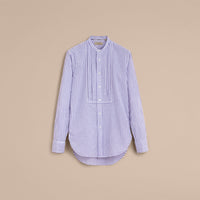 PALE BLUE/WHITE Chemise unisexe en coton rayé à col officier avec plastron plissé