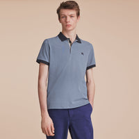 STONE BLUE Polo bicolore en piqué de coton avec patte à motif check