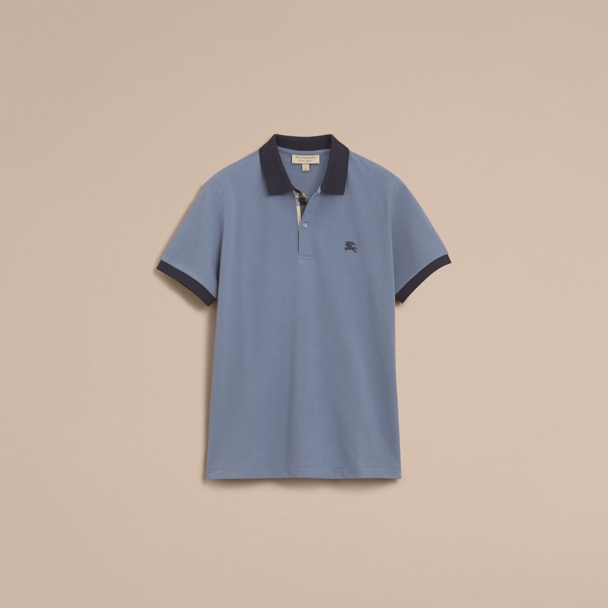 STONE BLUE Polo bicolore en piqué de coton avec patte à motif check