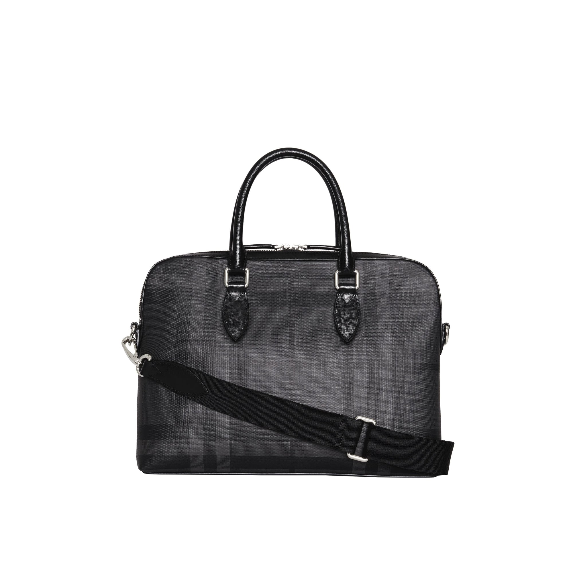 CHARCOAL/BLACK Attaché-case medium à motif London check avec éléments en cuir