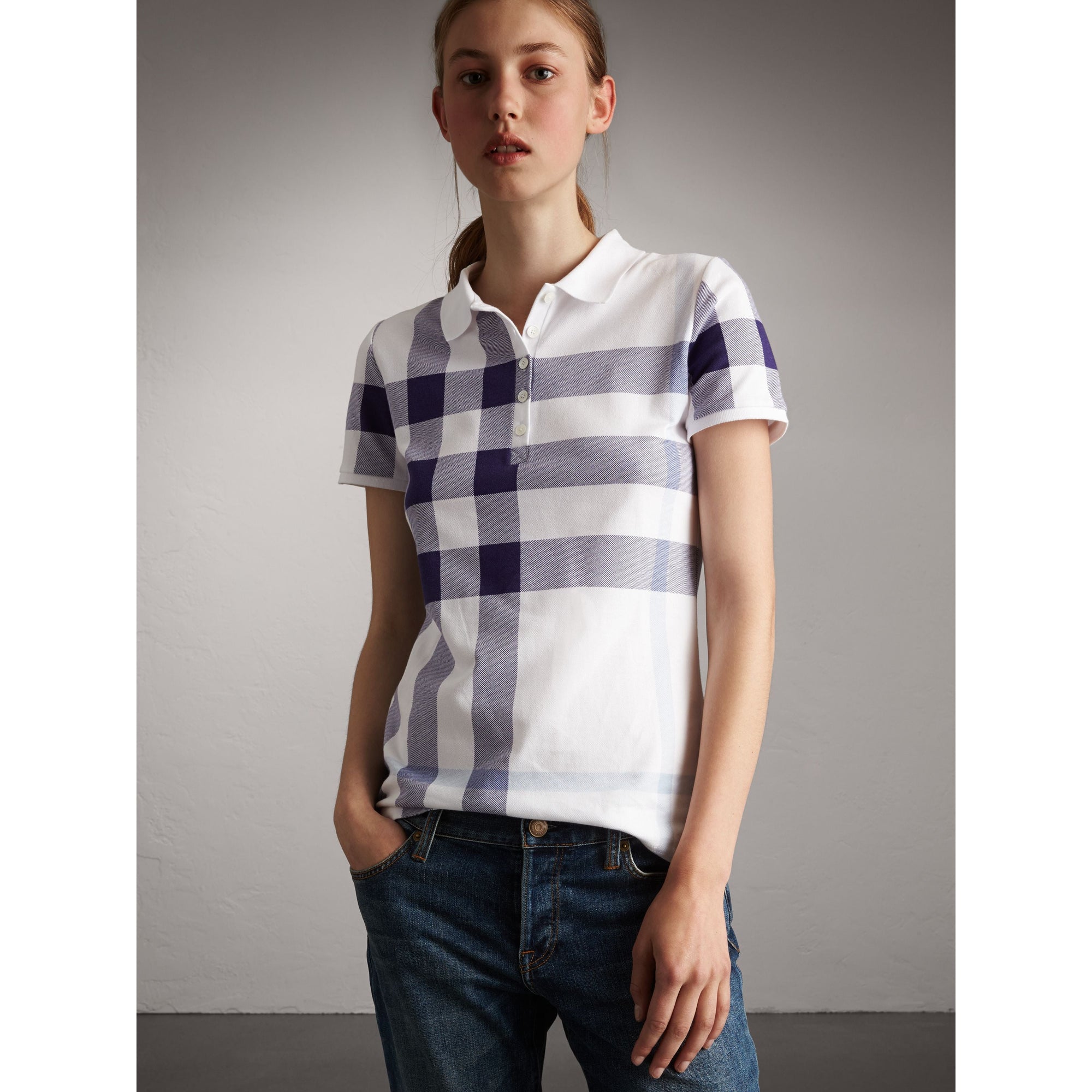 PALE BLUE Polo en piqué de coton extensible à motif check
