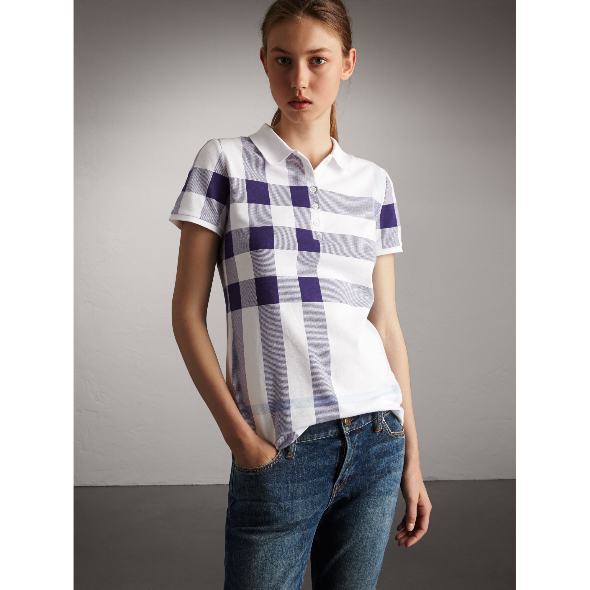 PALE BLUE Polo en piqué de coton extensible à motif check