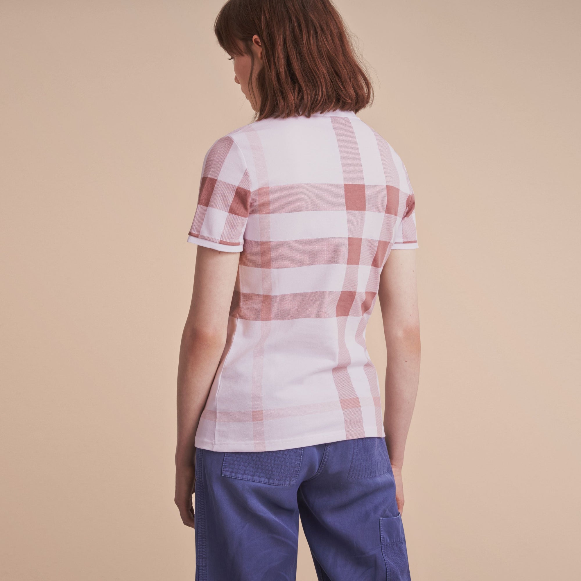 ANTIQUE ROSE Polo en piqué de coton extensible à motif check