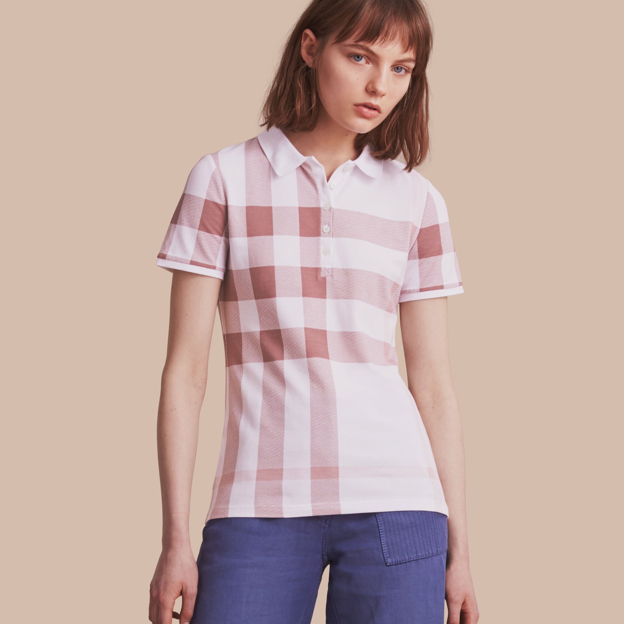 ANTIQUE ROSE Polo en piqué de coton extensible à motif check