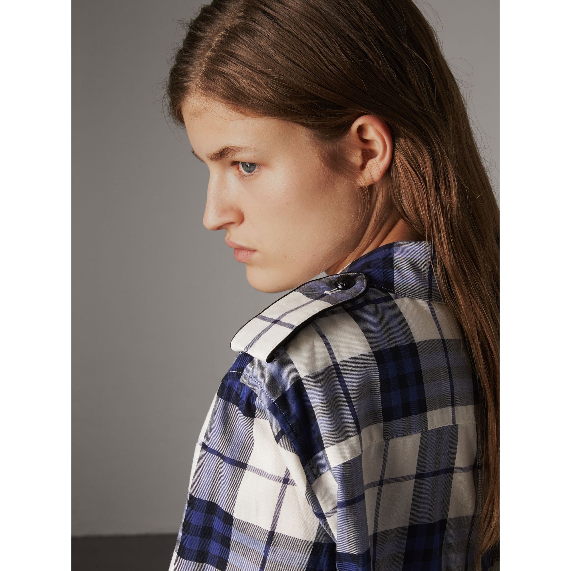 BRIGHT NAVY Chemise de style militaire en flanelle de coton à motif check