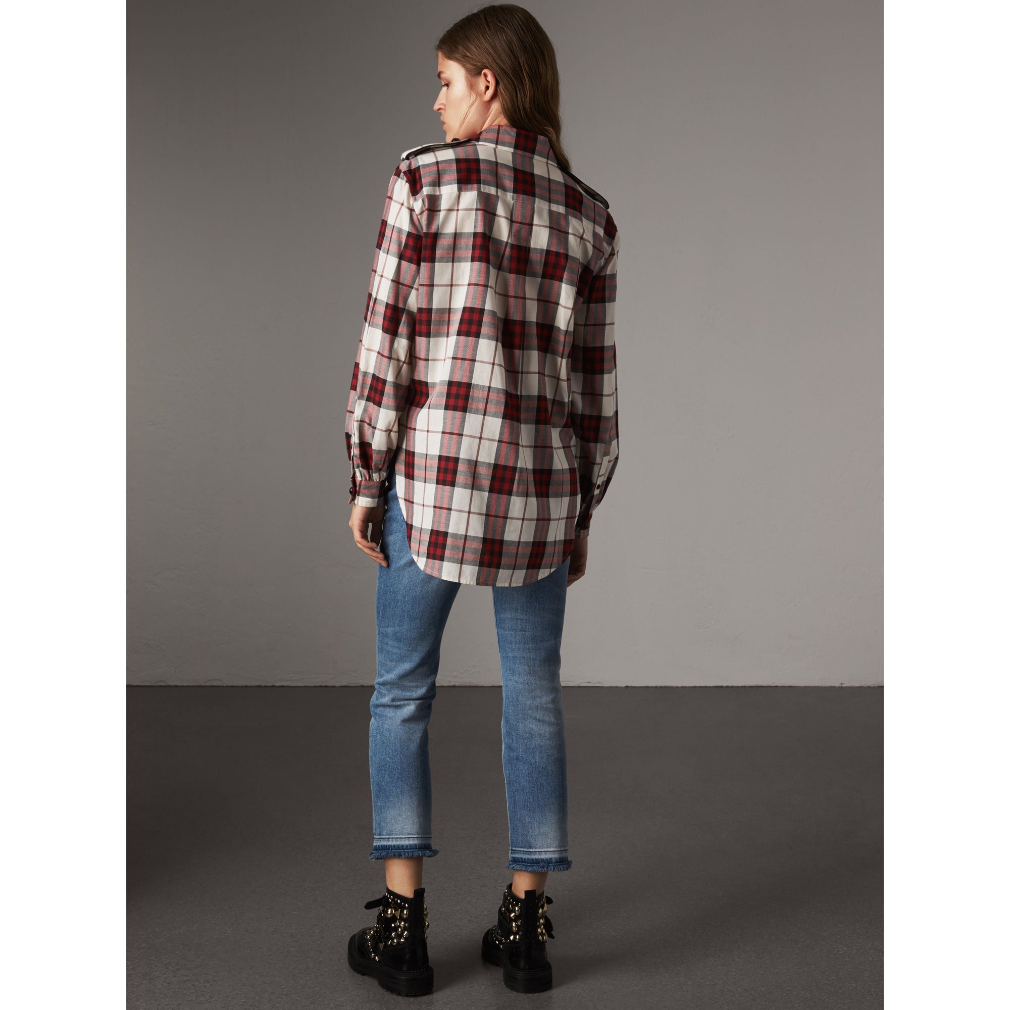 CRIMSON RED Chemise de style militaire en flanelle de coton à motif check