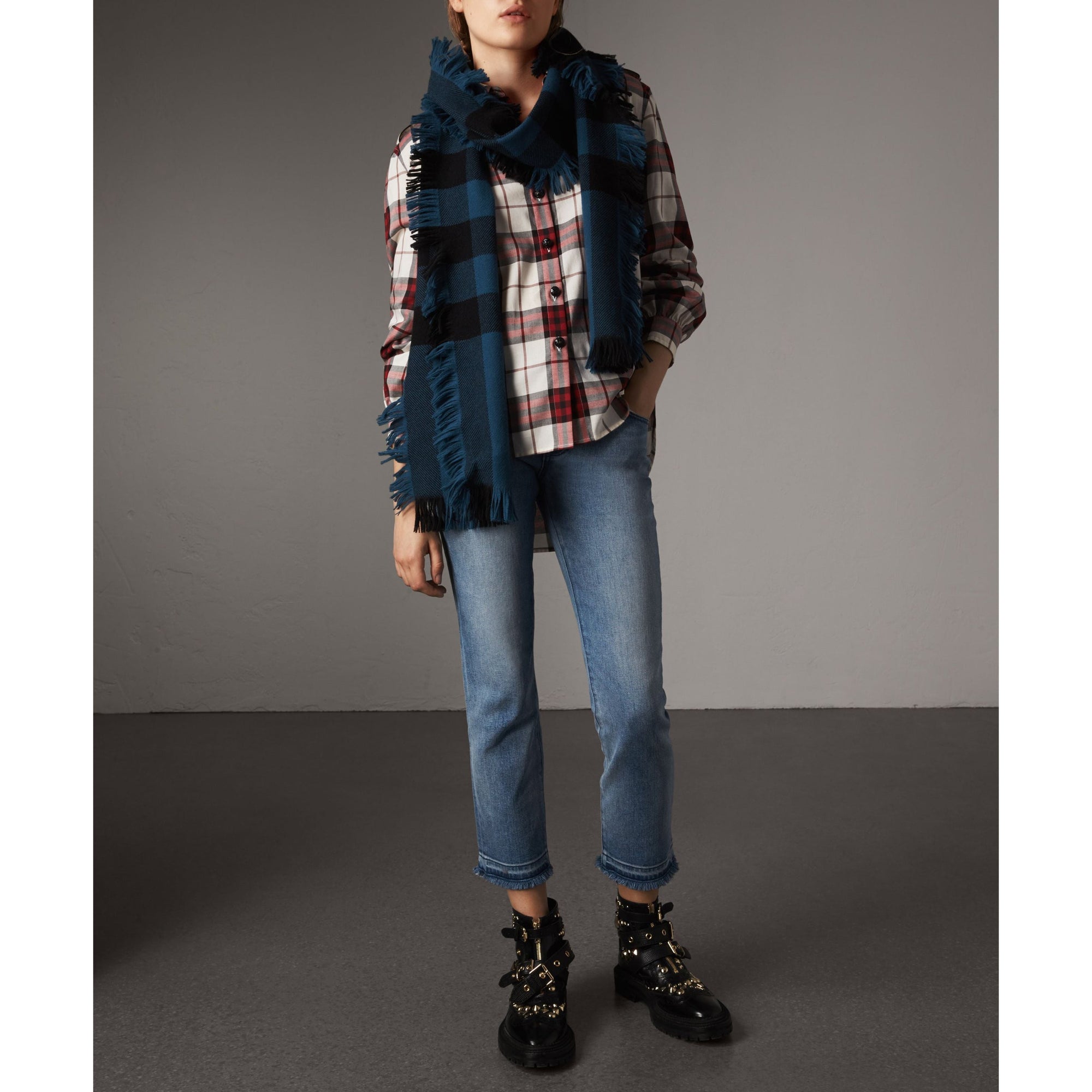 Chemise de style militaire en flanelle de coton à motif check - Carmin