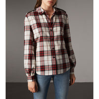 Chemise de style militaire en flanelle de coton à motif check - Carmin