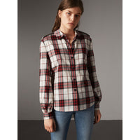 CRIMSON RED Chemise de style militaire en flanelle de coton à motif check