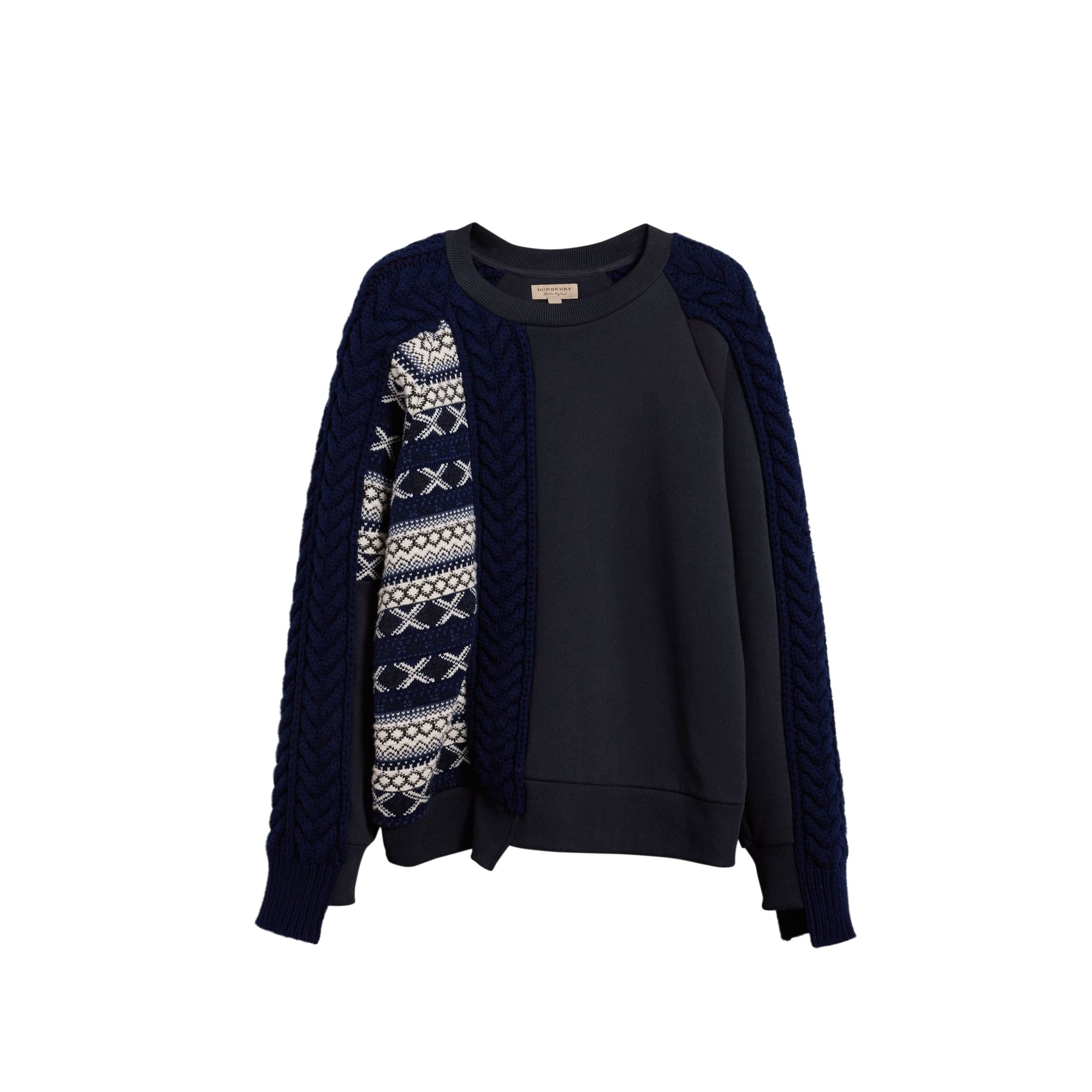 Sweat-shirt en coton avec détails en mailles torsadées et fair isle - Marine