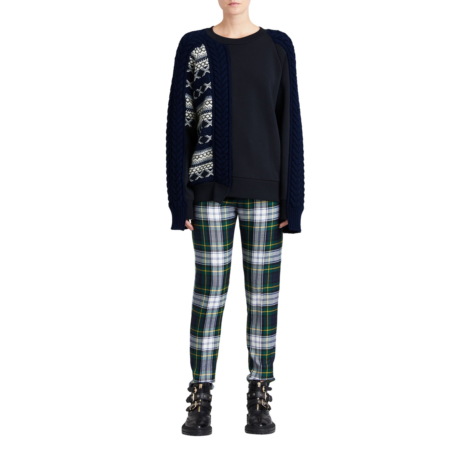 Sweat-shirt en coton avec détails en mailles torsadées et fair isle - Marine