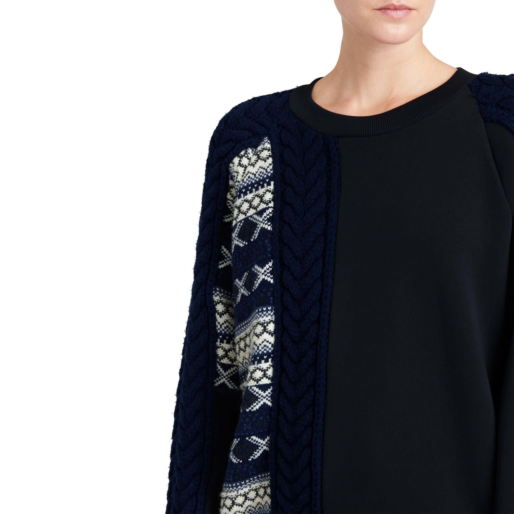 Sweat-shirt en coton avec détails en mailles torsadées et fair isle - Marine