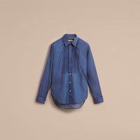 DENIM BLUE Chemise en coton unisexe avec plastron nervuré et poignets mousquetaires