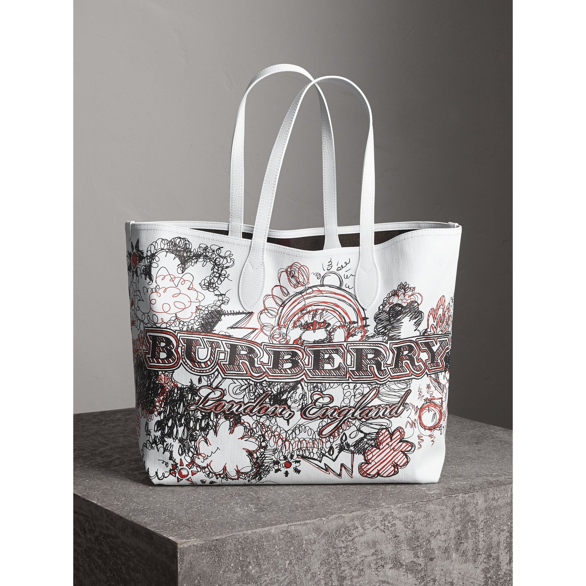 CLASSIC/WHITE/WHITE Grand sac tote Doodle réversible