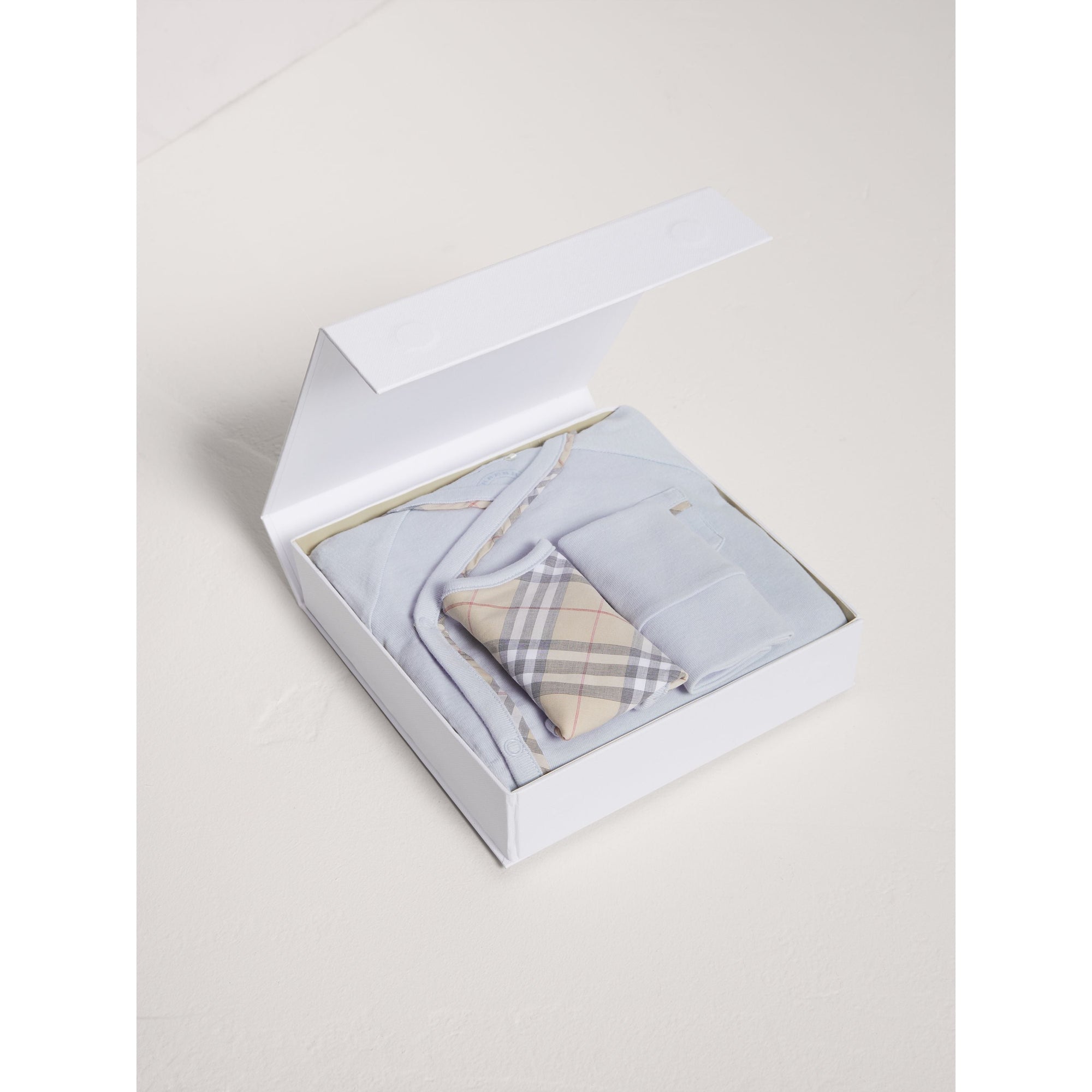 ICE BLUE Set cadeau trois pièces en coton à motif check pour bébé