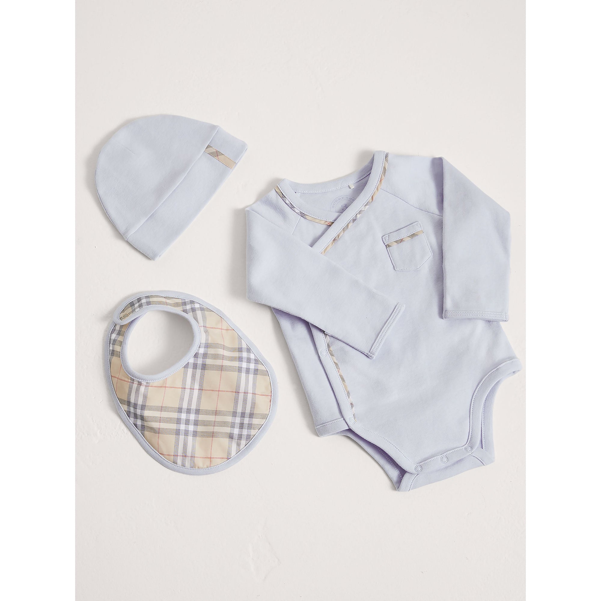 ICE BLUE Set cadeau trois pièces en coton à motif check pour bébé