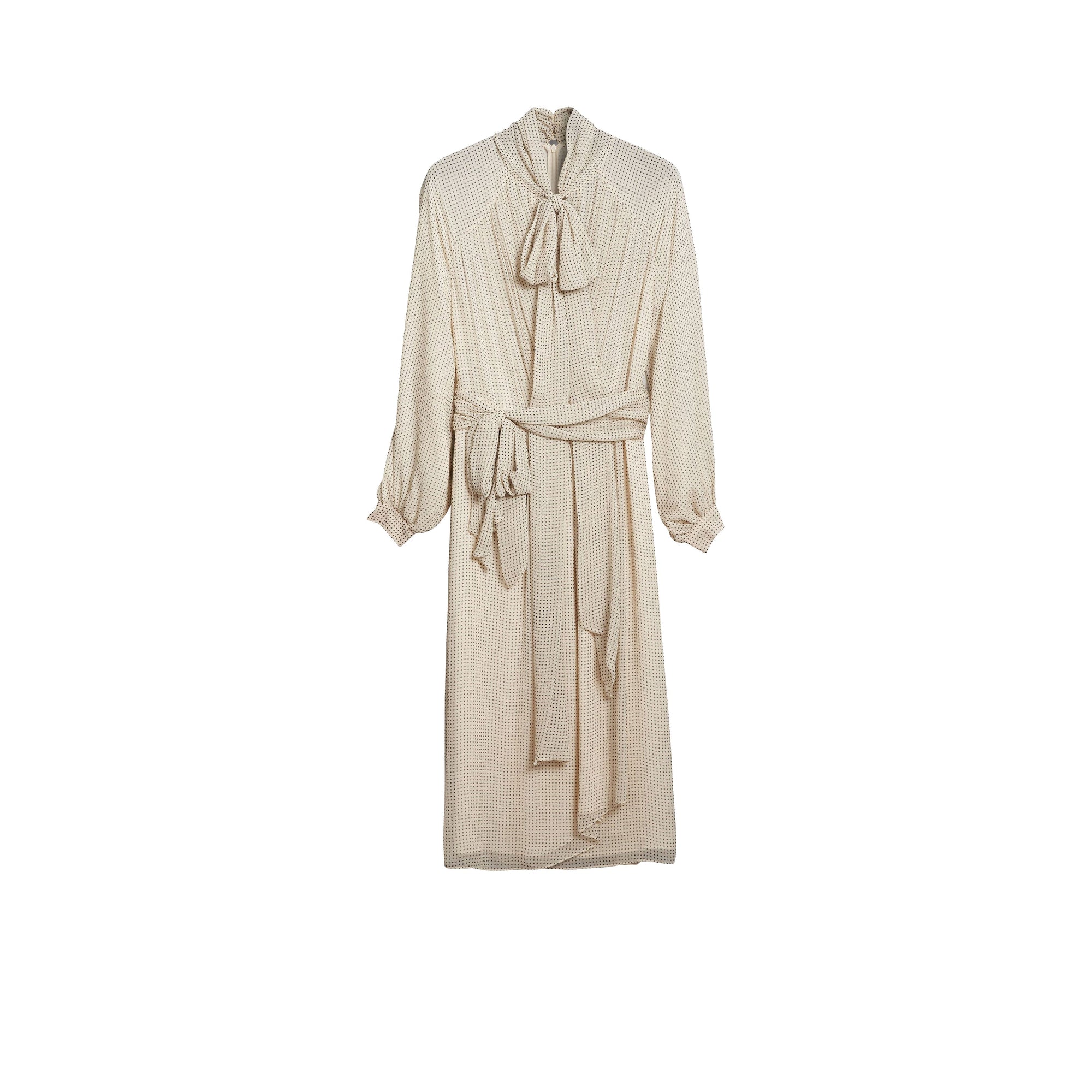Robe à col lavallière en crépon de soie avec motif à pois - Blanc naturel & marine