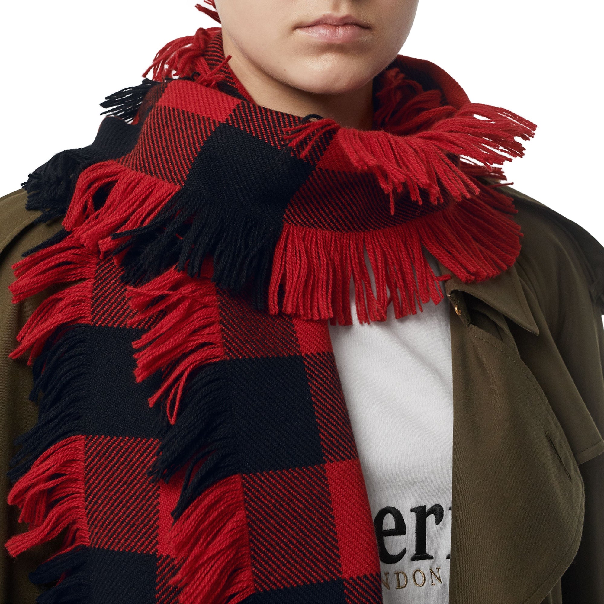 MILITARY RED Écharpe en laine à motif check et à franges