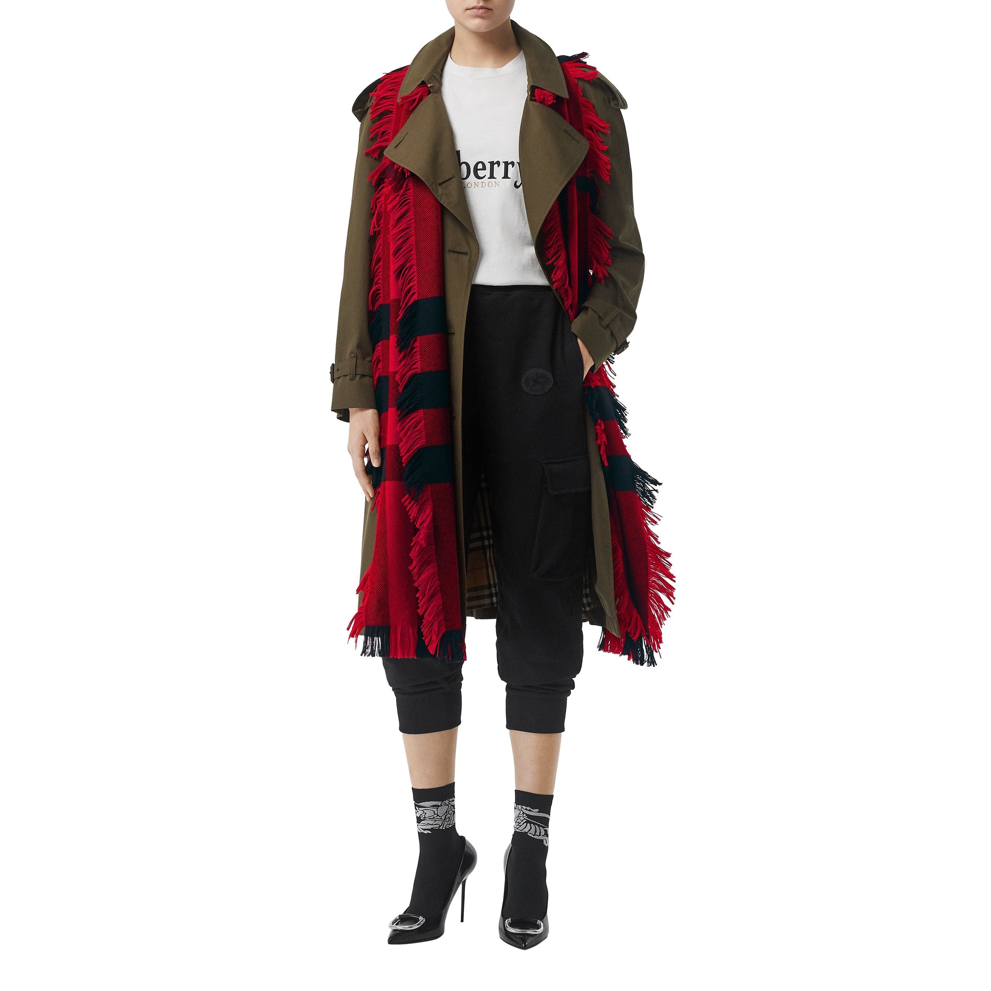 Écharpe en laine à motif check et à franges - Rouge militaire