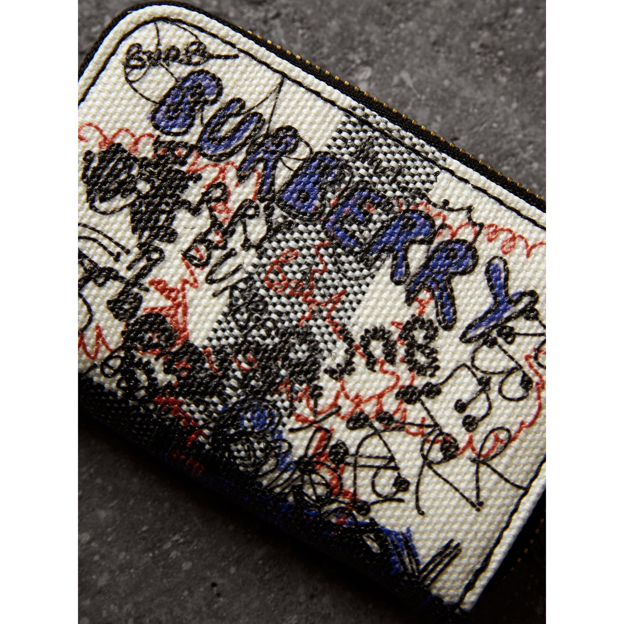 WHITE/WHITE Porte-monnaie zippé en toile enduite à motif Canvas check et imprimé Doodle
