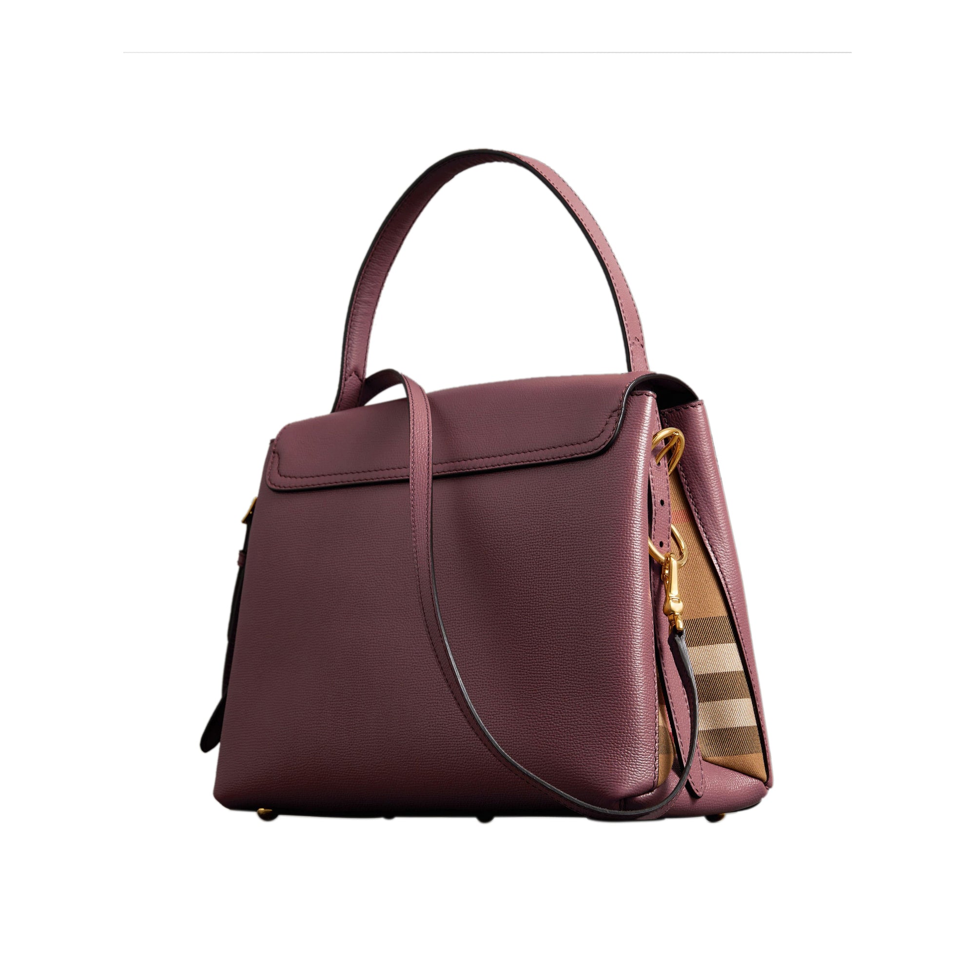 Sac tote medium en cuir grainé et coton House check - Rouge Acajou