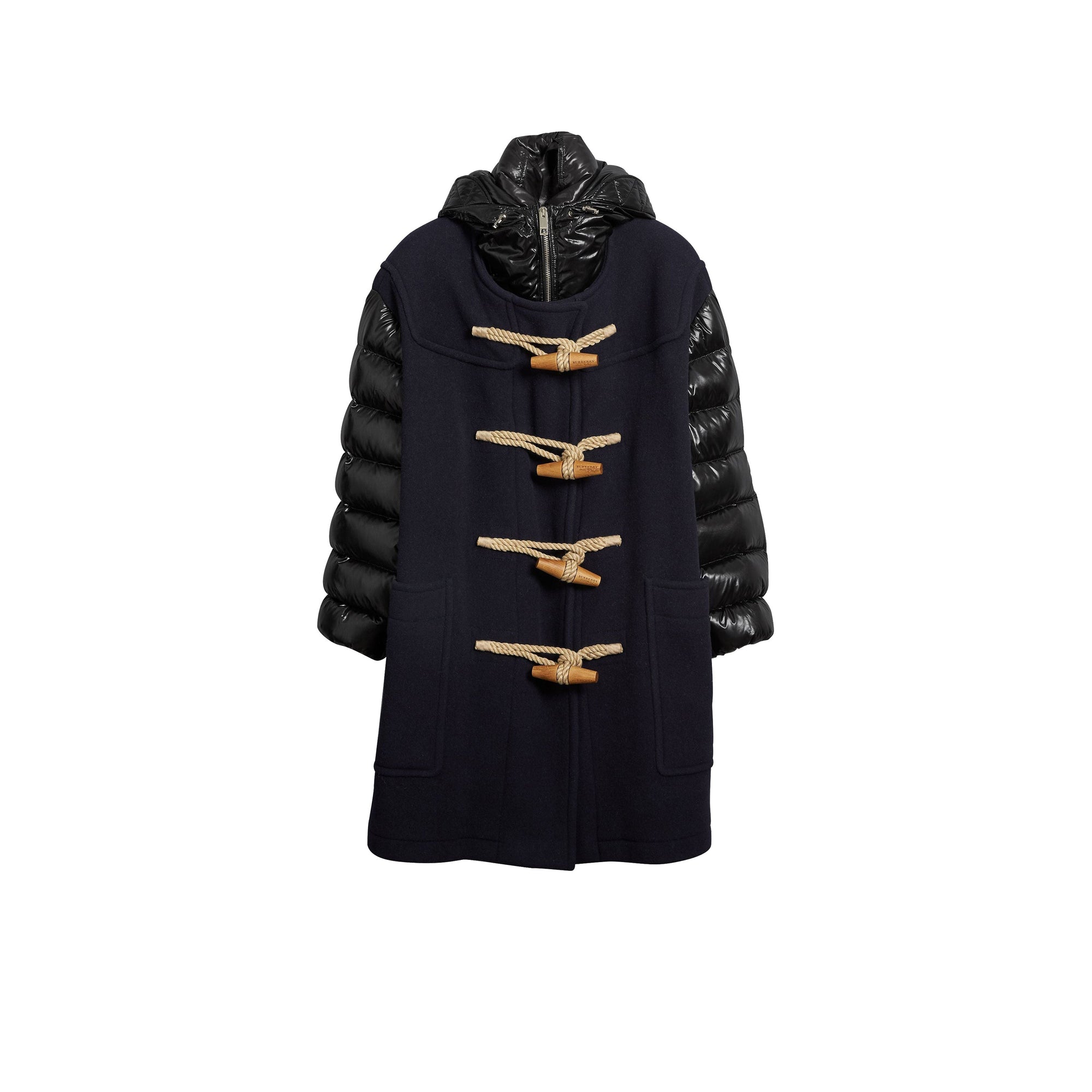 Duffle-coat en laine mélangée avec manches rembourrées en duvet et capuche amovible - Marine