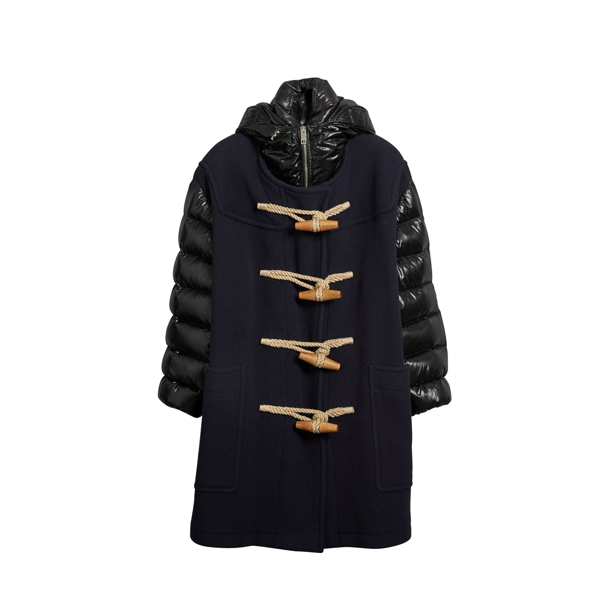 Duffle-coat en laine mélangée avec manches rembourrées en duvet et capuche amovible - Marine
