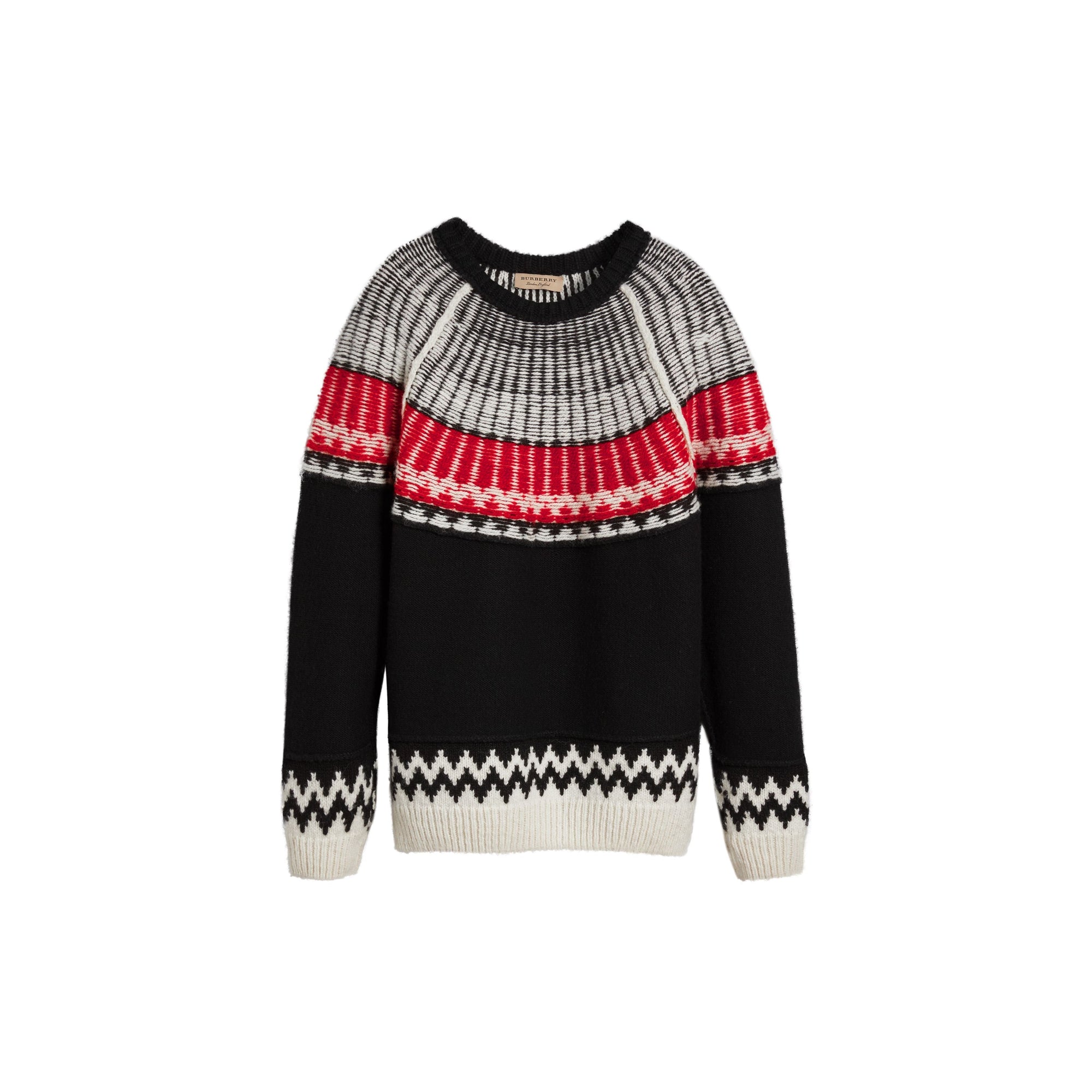 BLACK/MILITARY RED Pull en laine et cachemire à motif Fair Isle