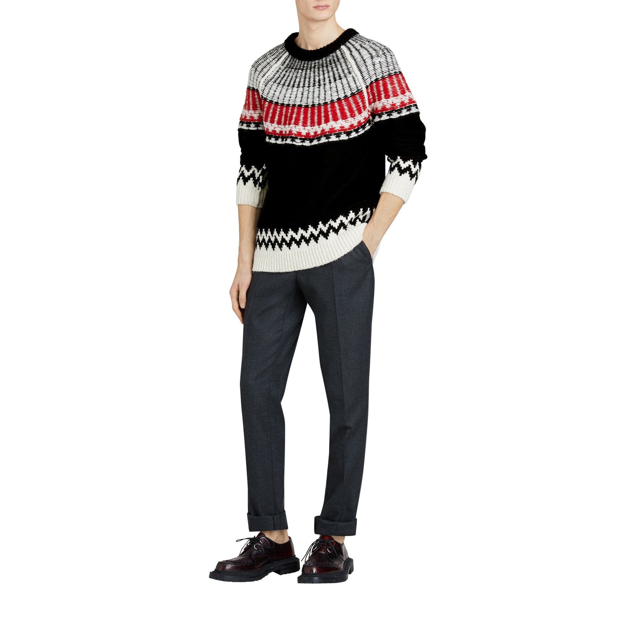 BLACK/MILITARY RED Pull en laine et cachemire à motif Fair Isle