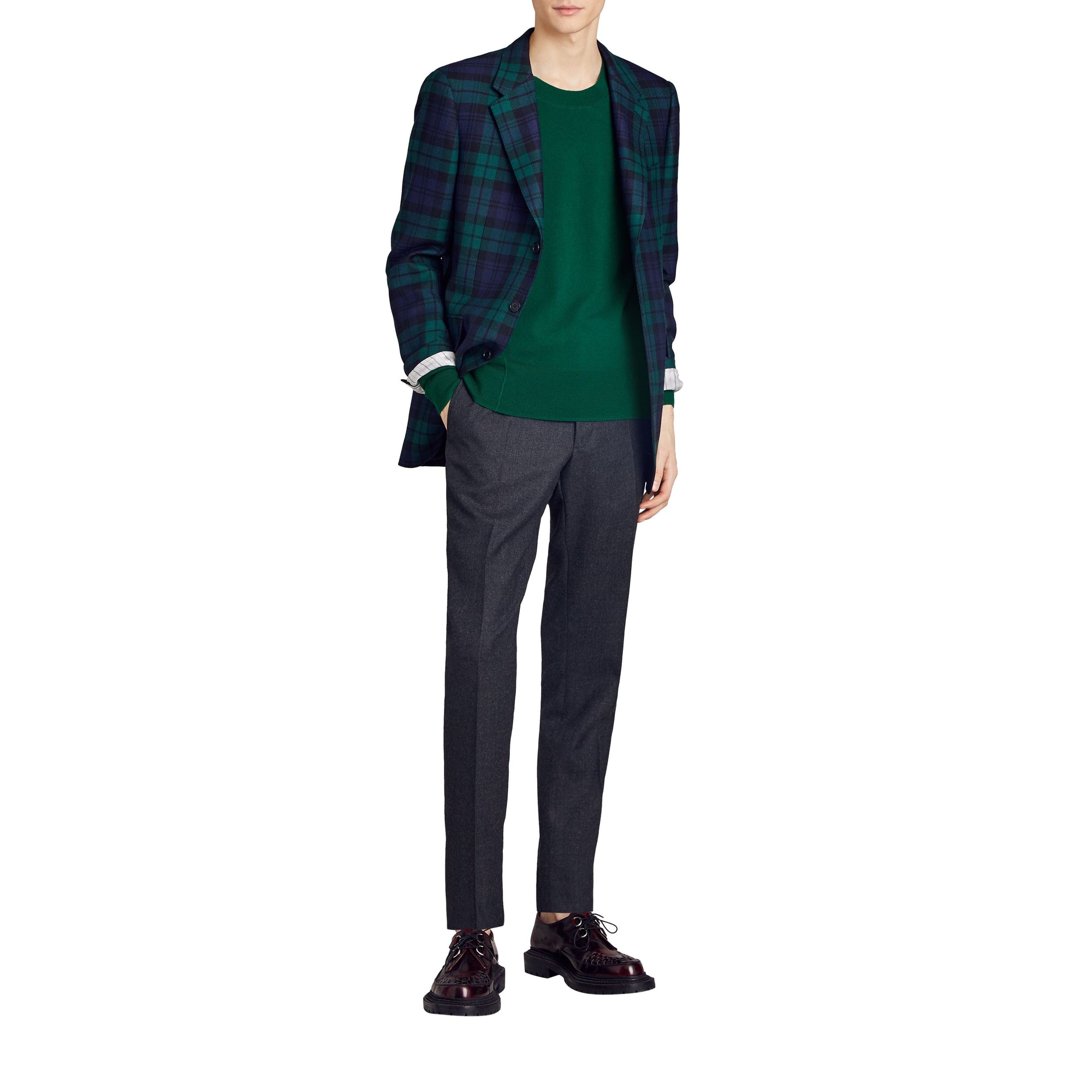 DARK TEAL Pull en laine mérinos à détails check