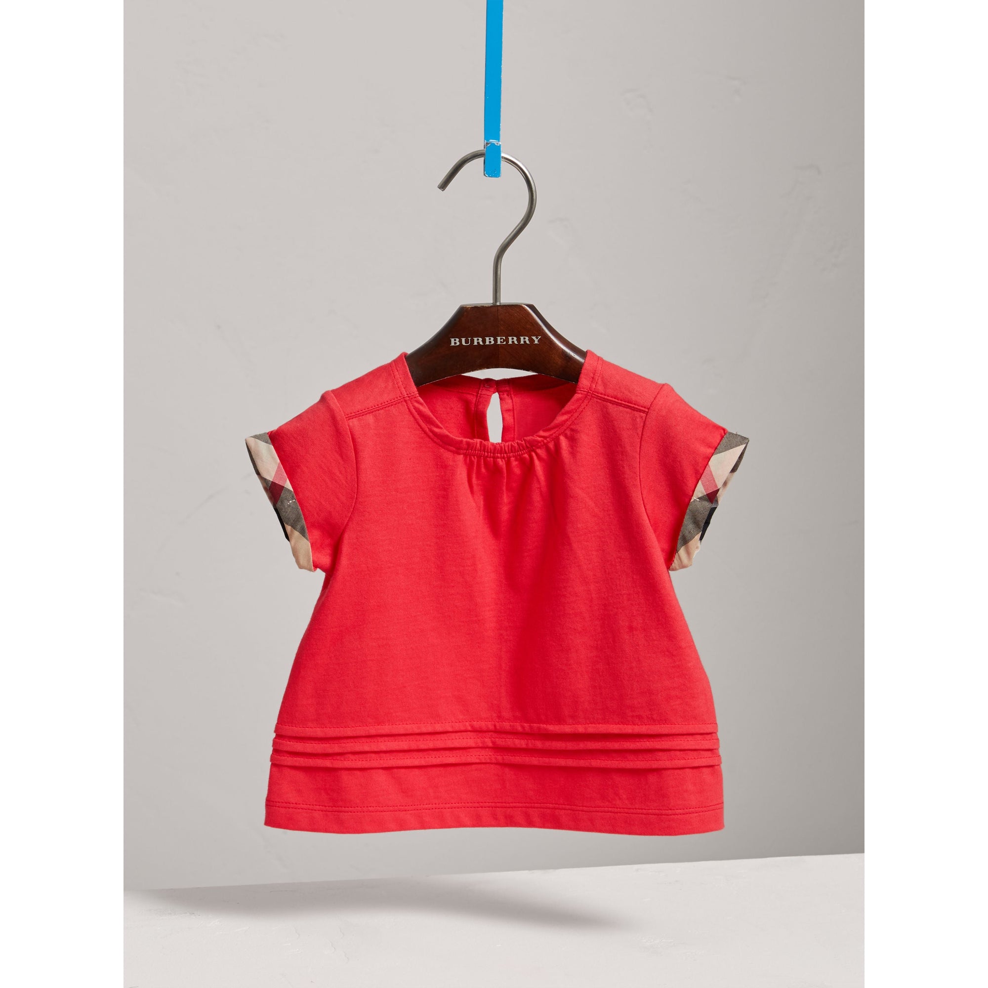 BRIGHT ORANGE RED T-shirt en coton avec plis et motif check