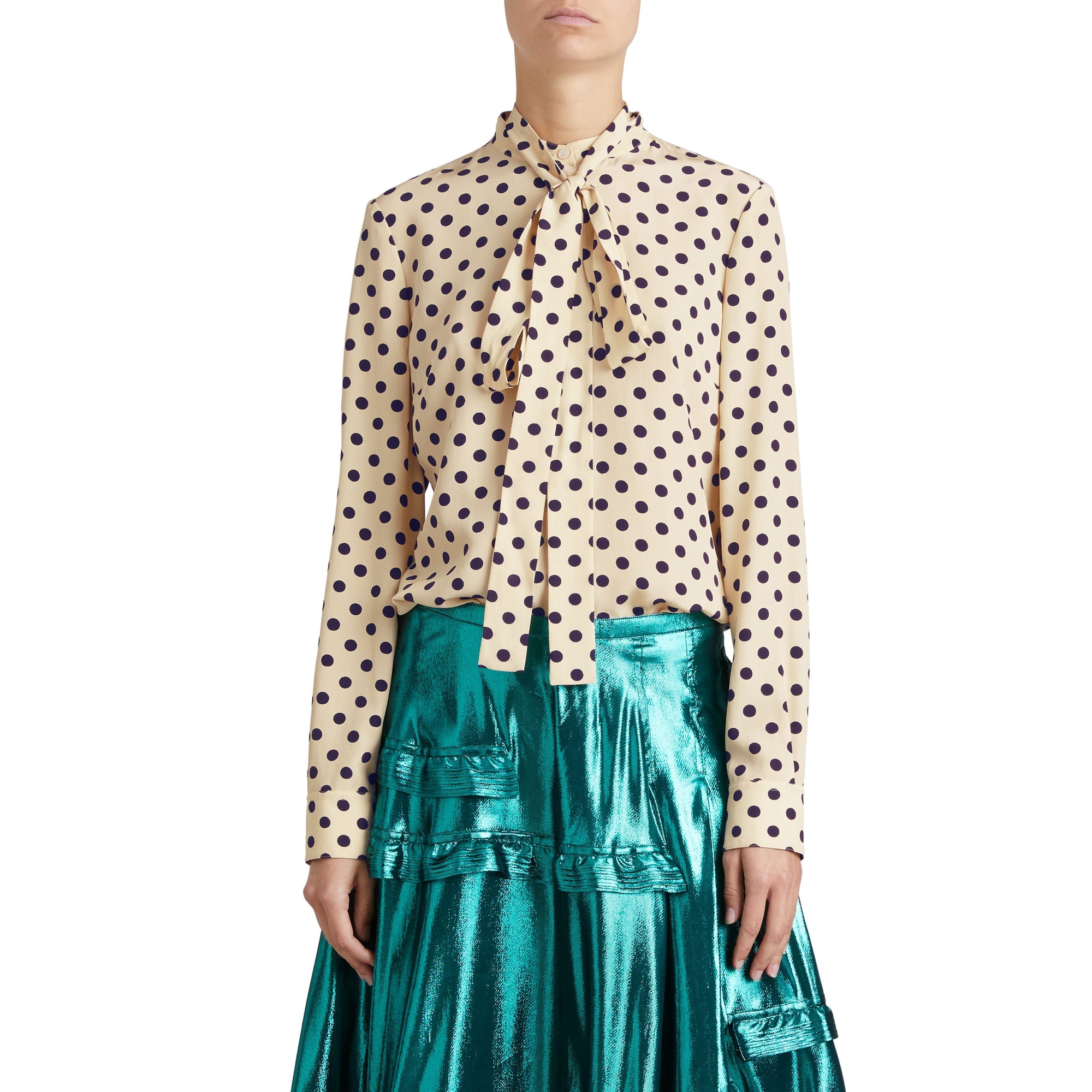 NAVY Chemise à col lavallière en soie à pois