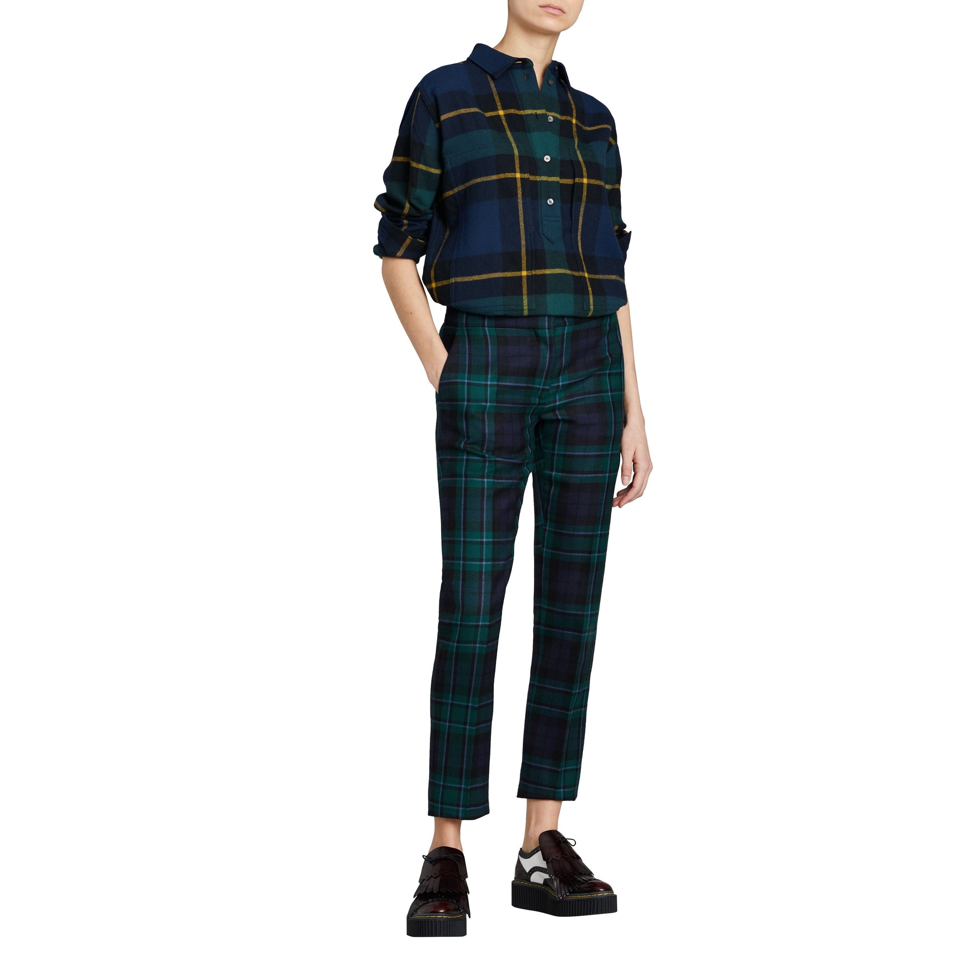 Chemise tunique en flanelle de laine tartan - Bleu encre