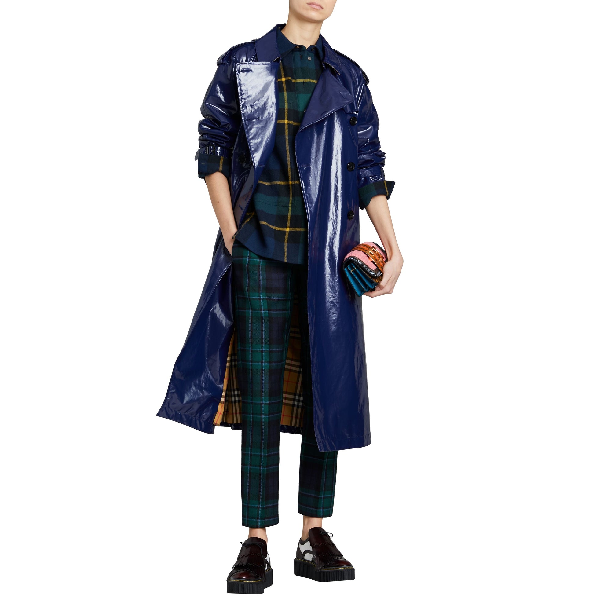 Chemise tunique en flanelle de laine tartan - Bleu encre