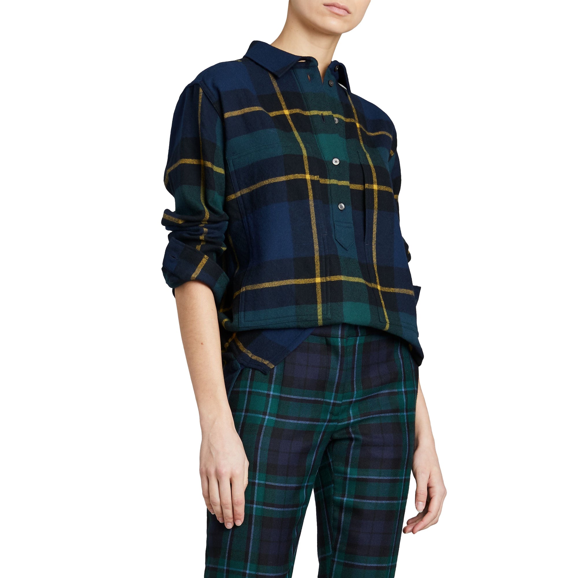 Chemise tunique en flanelle de laine tartan - Bleu encre